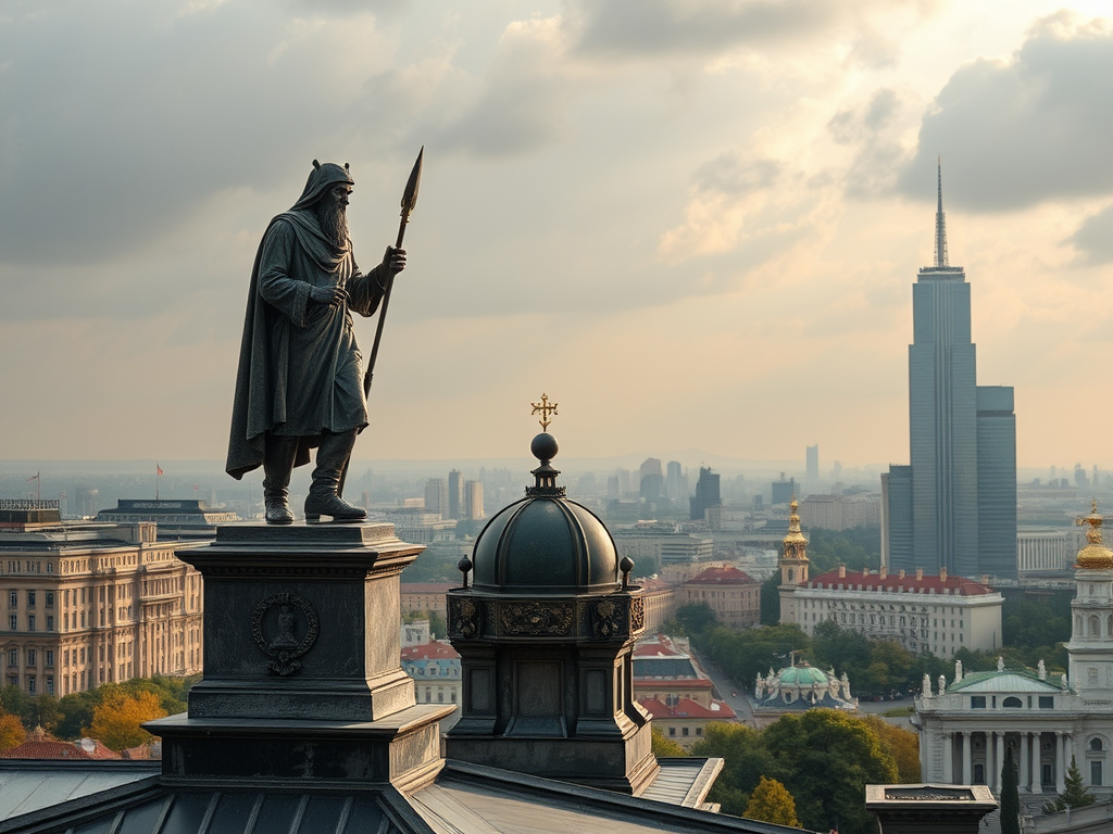 Статуя воина на фоне города с современными зданиями и облачным небом. Красота исторической архитектуры.